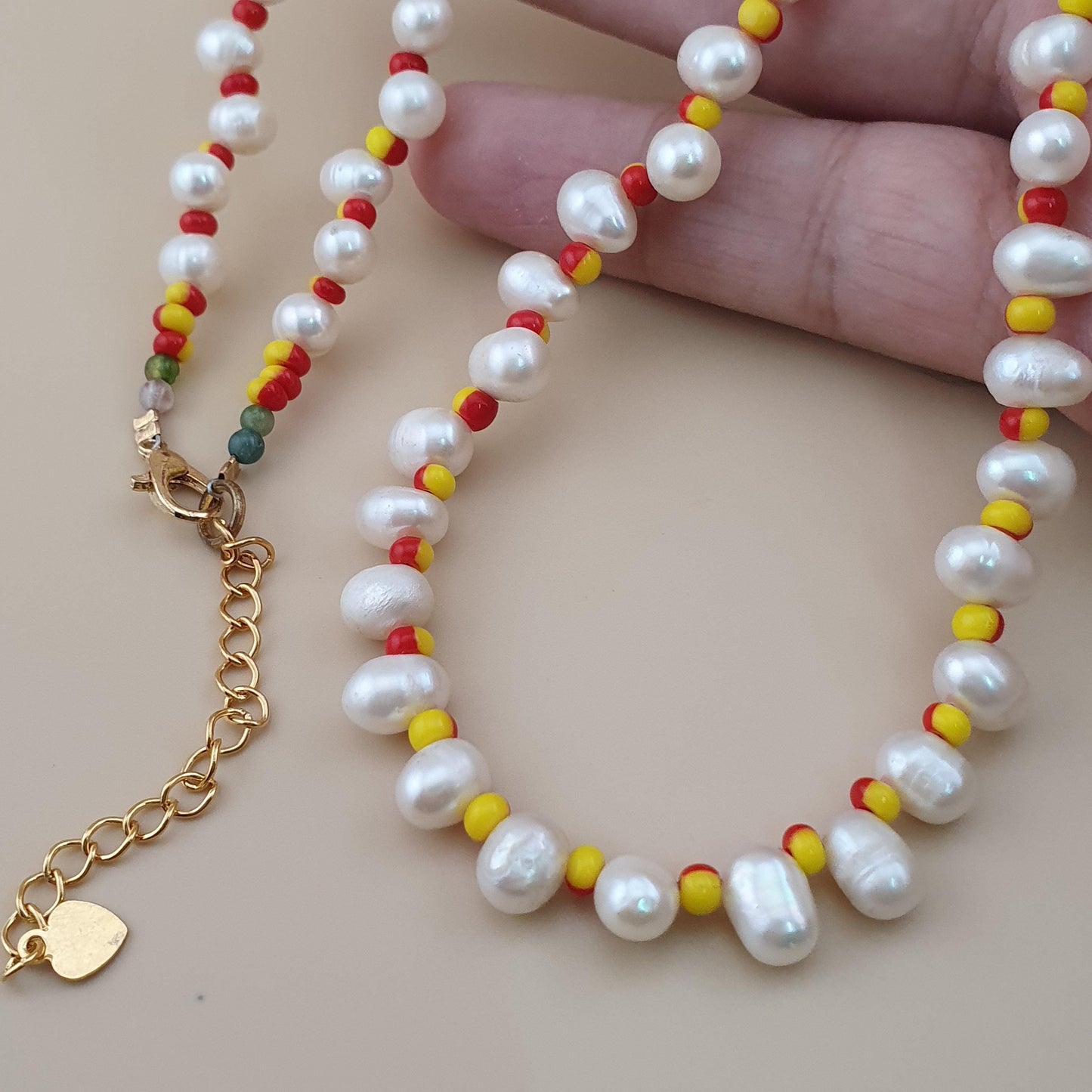 Natural Freshwater Pearl & Red Yellow Glass Beads Necklace