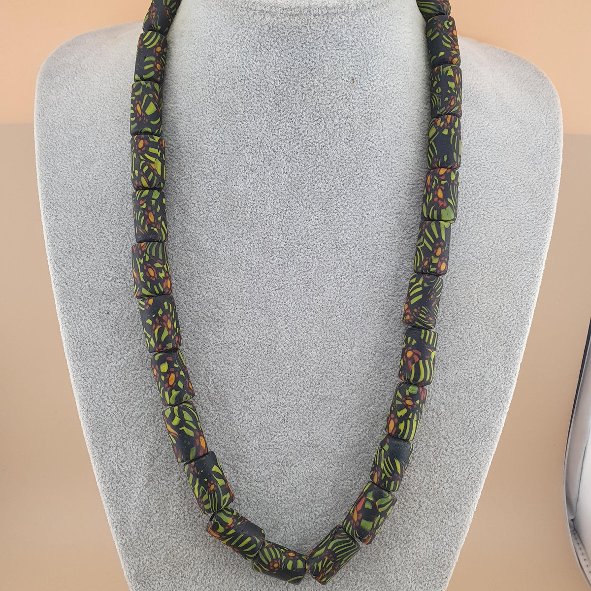Vintage Gabri style Cylinder Shape Eyes Glass Beads Necklace 20 inches
