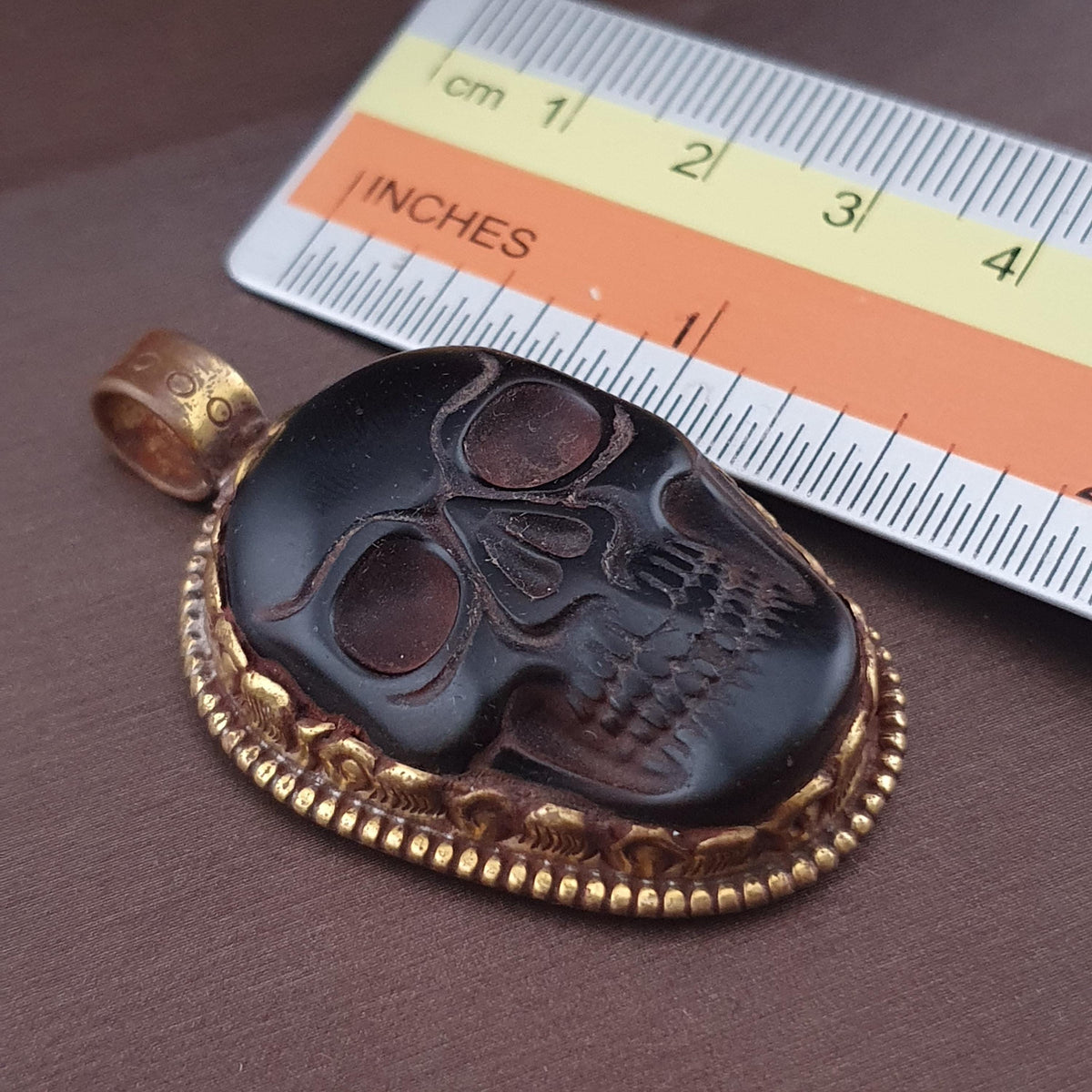 Vintage Gold Plated brass Floral Desgin &carved Skull shape Jade Pendant