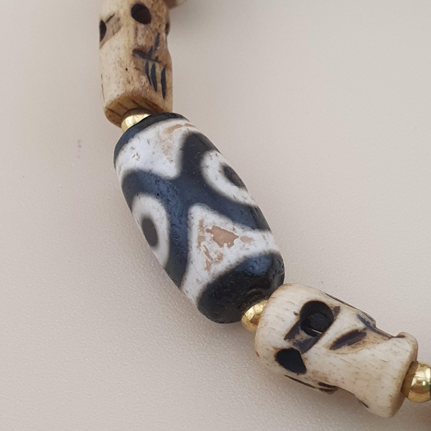 Vintage Himalayan Dzi Bracelet Two Eyes Agate & Striped Agate Beads