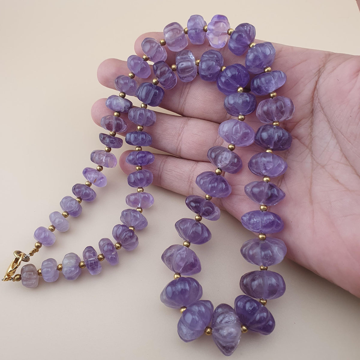 Vintage Amethyst Bead Necklace: Melon Shape Purple Gemstone, 22 Inch