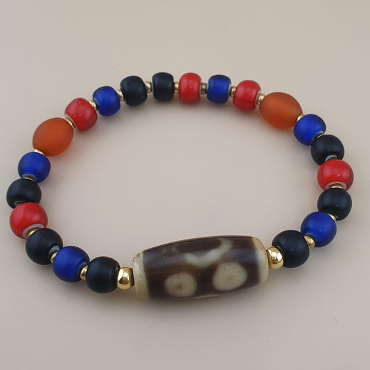 Vintage 4 Eyes Tibetan Agate & Venetian MultiColor WhiteHeart Beads bracelet