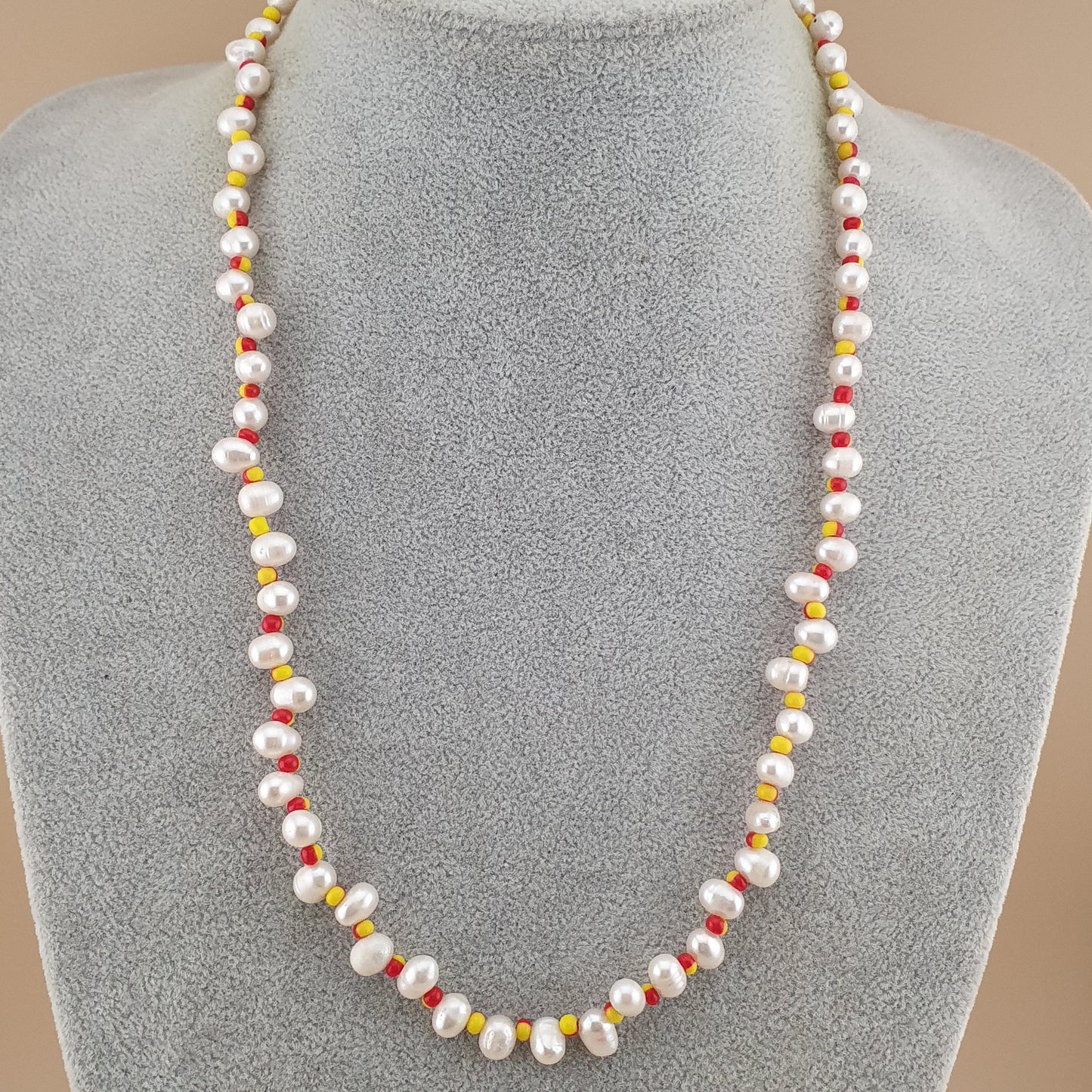 Natural Freshwater Pearl & Red Yellow Glass Beads Necklace