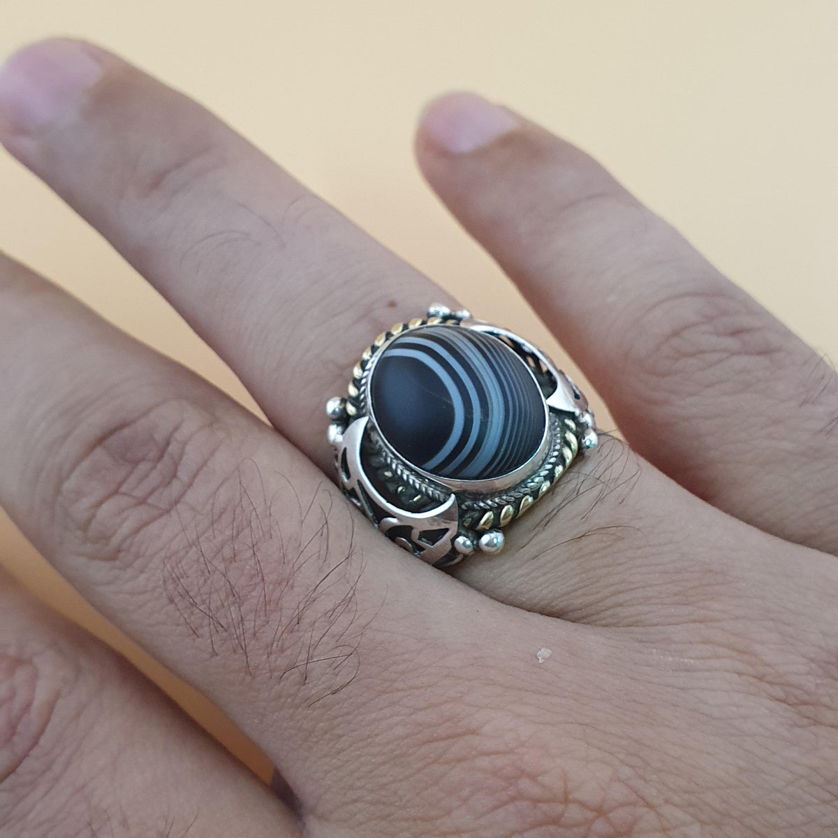 Vintage Messing- & Suliemani-Augen-Achatring mit Silbereinlage