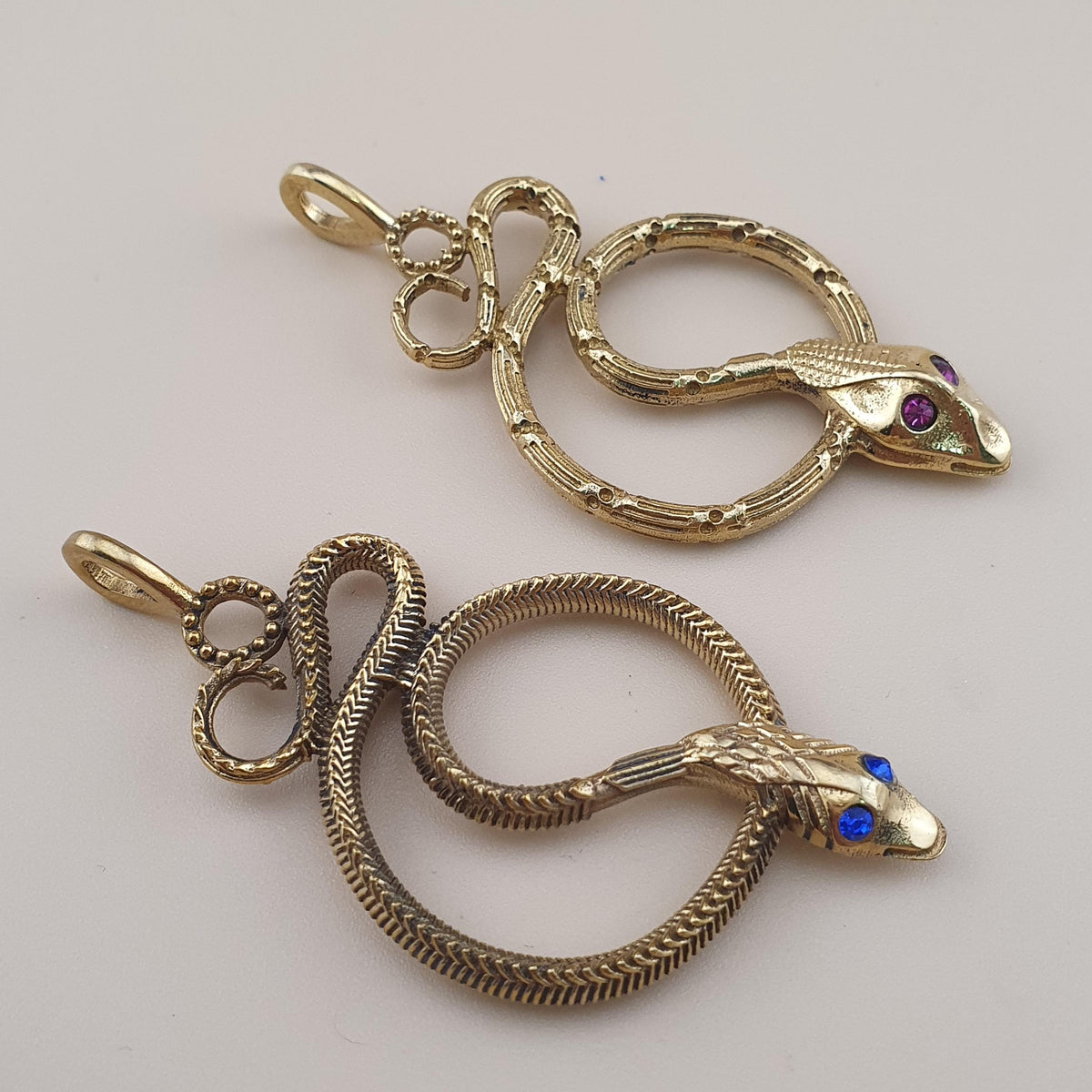 Vintage Lot of 2 Snake with Blue & Red Eyes Brass Pendant 65.5mm