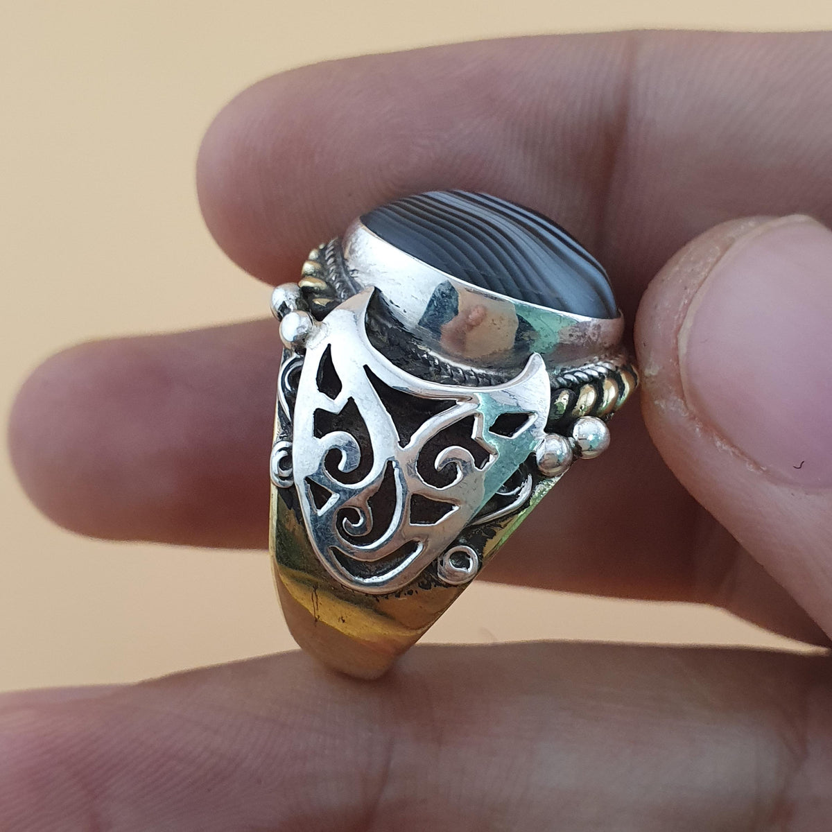 Vintage Messing- & Suliemani-Augen-Achatring mit Silbereinlage