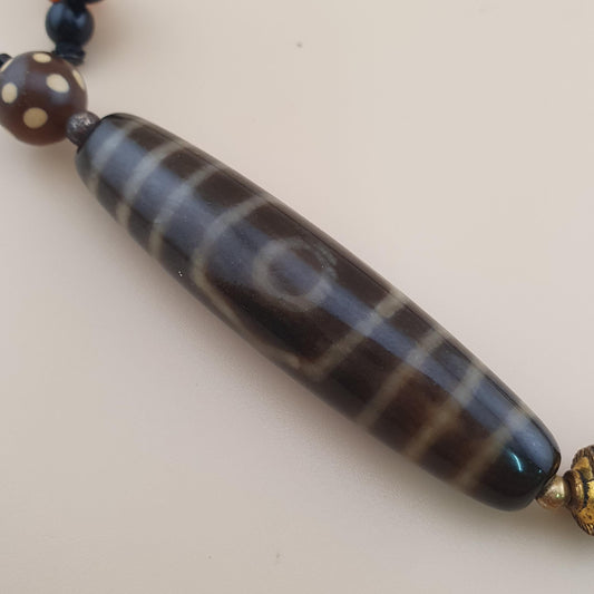 Vintage 3 Augen Himalaya Tibet Achat Dzi Perlen Amulett Anhänger Halskette