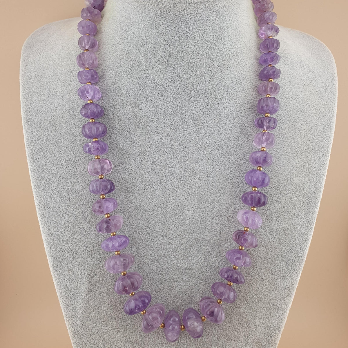 Vintage Amethyst Bead Necklace: Melon Shape Purple Gemstone, 22 Inch