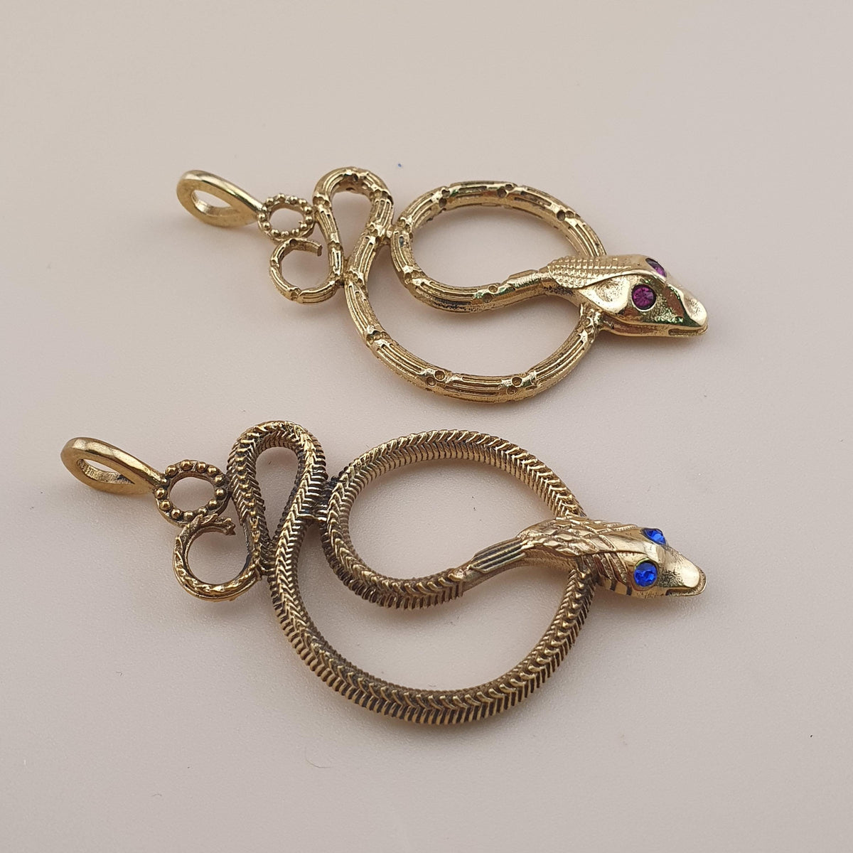 Vintage Lot of 2 Snake with Blue & Red Eyes Brass Pendant 65.5mm
