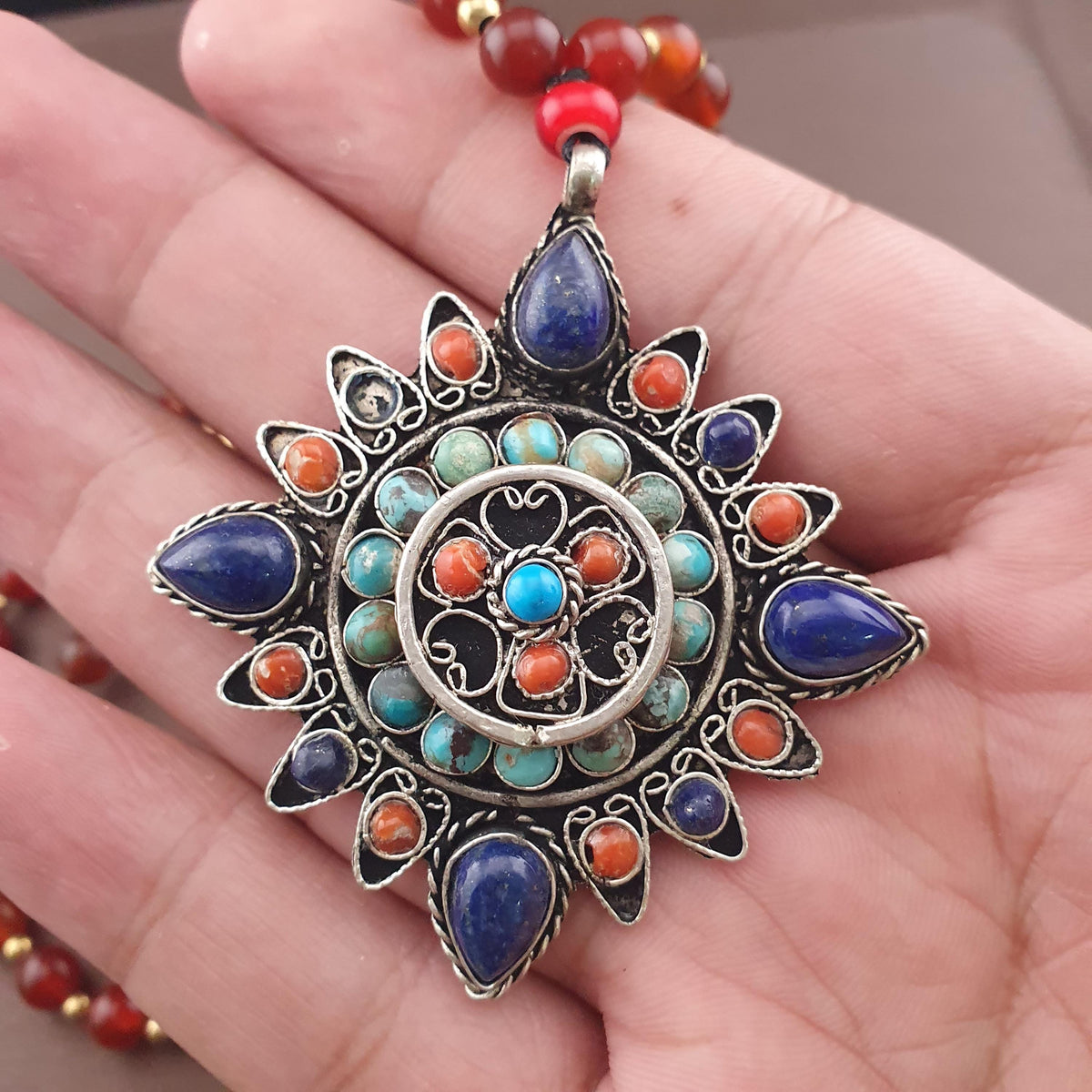 Antique Style Brass & Lapislazuli,Coral,Turqouise Pendant with Carnelian Beads Necklace