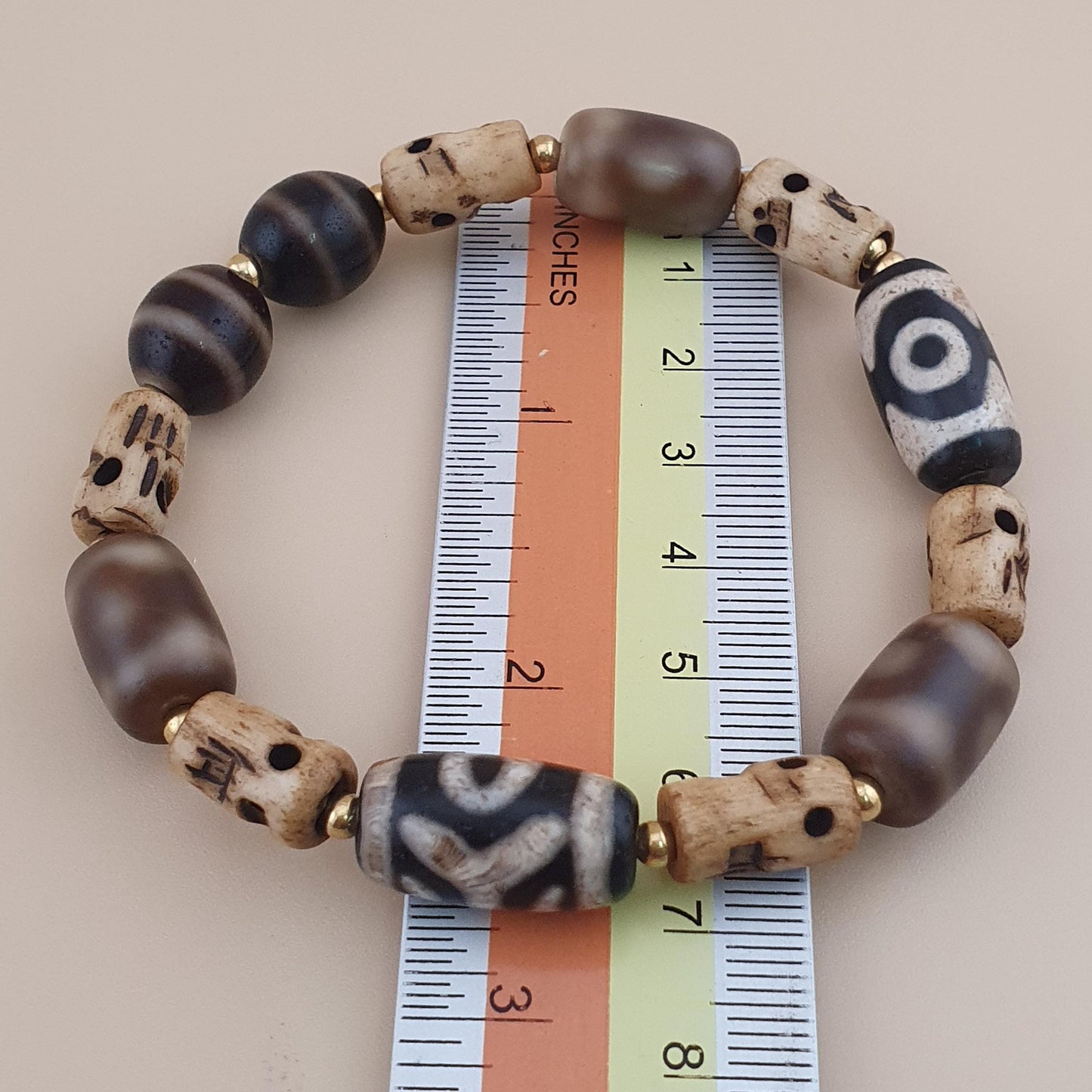 Vintage 2 Eyes Himalayan Tibetan Agate & Unique Pattern Agate Beads Bracelet