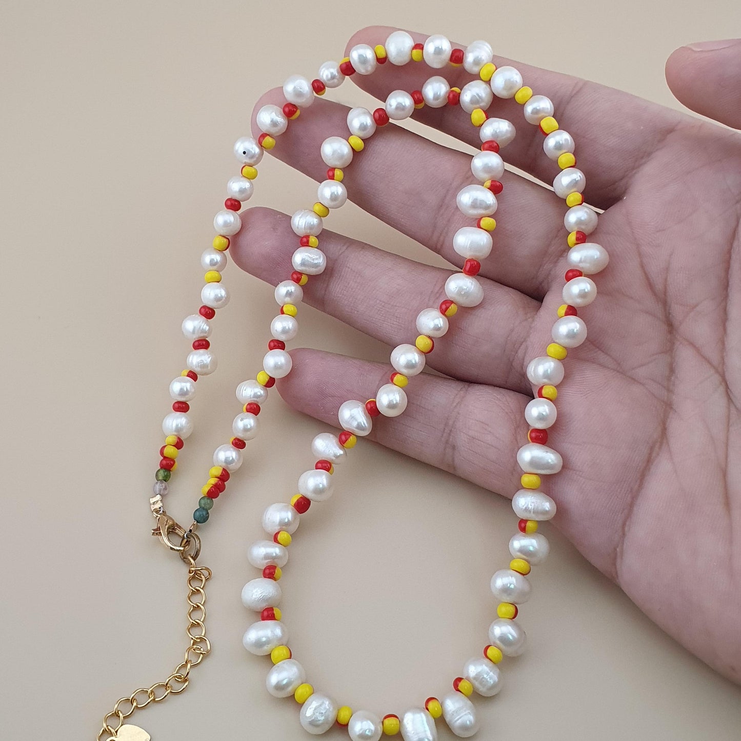 Natural Freshwater Pearl & Red Yellow Glass Beads Necklace