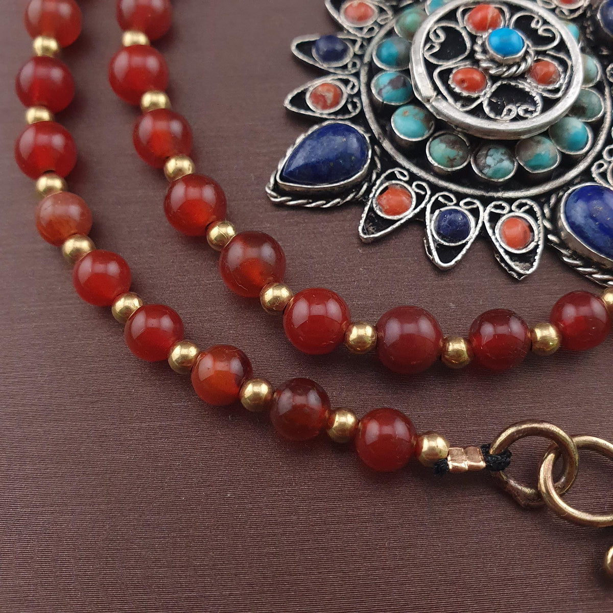 Antique Style Brass & Lapislazuli,Coral,Turqouise Pendant with Carnelian Beads Necklace