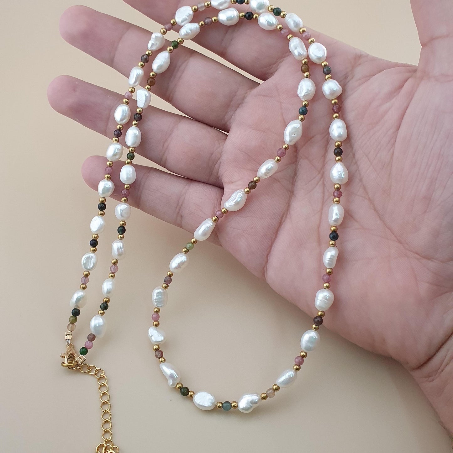 Freshwater Pearls with Tourmaline Gemstone Beads Necklace