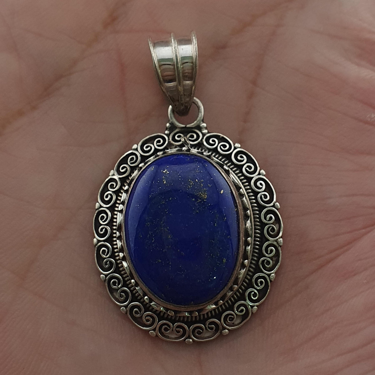 Handmade Lapis Lazuli Pendant, 925 Sterling Silver Filigree
