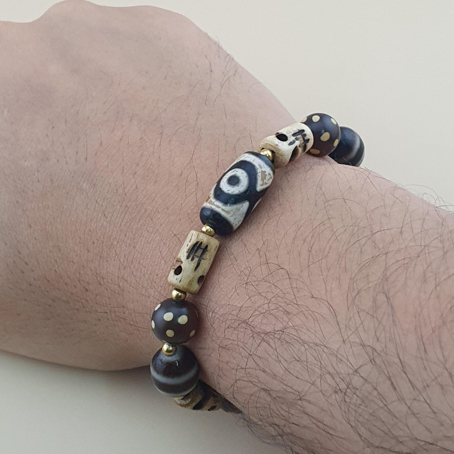 Vintage Himalayan Dzi Bracelet Two Eyes Agate & Striped Agate Beads