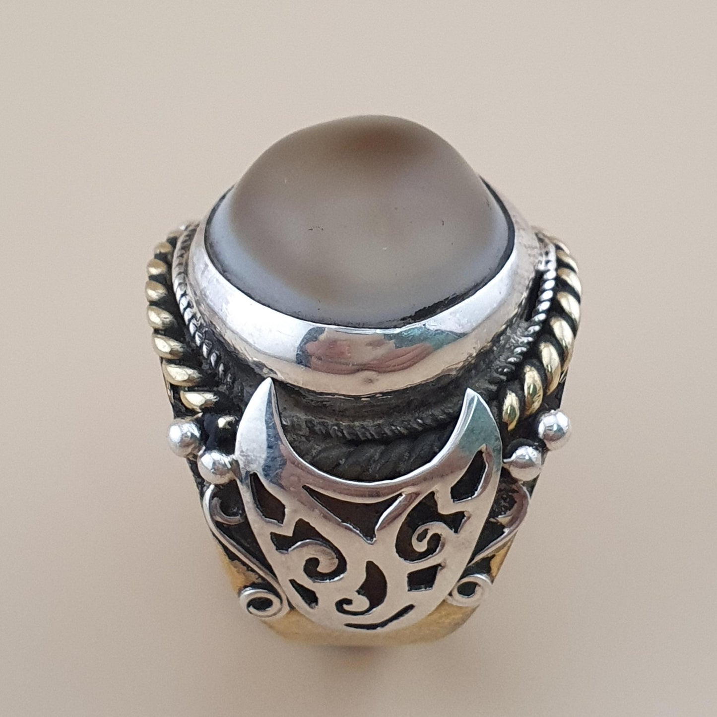 Antiker Sulemani Achatring Vintage Messing- & Silbereinlage Design