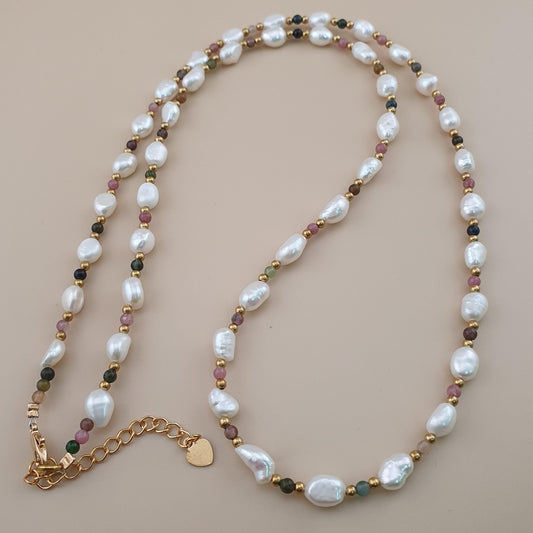 Freshwater Pearls with Tourmaline Gemstone Beads Necklace