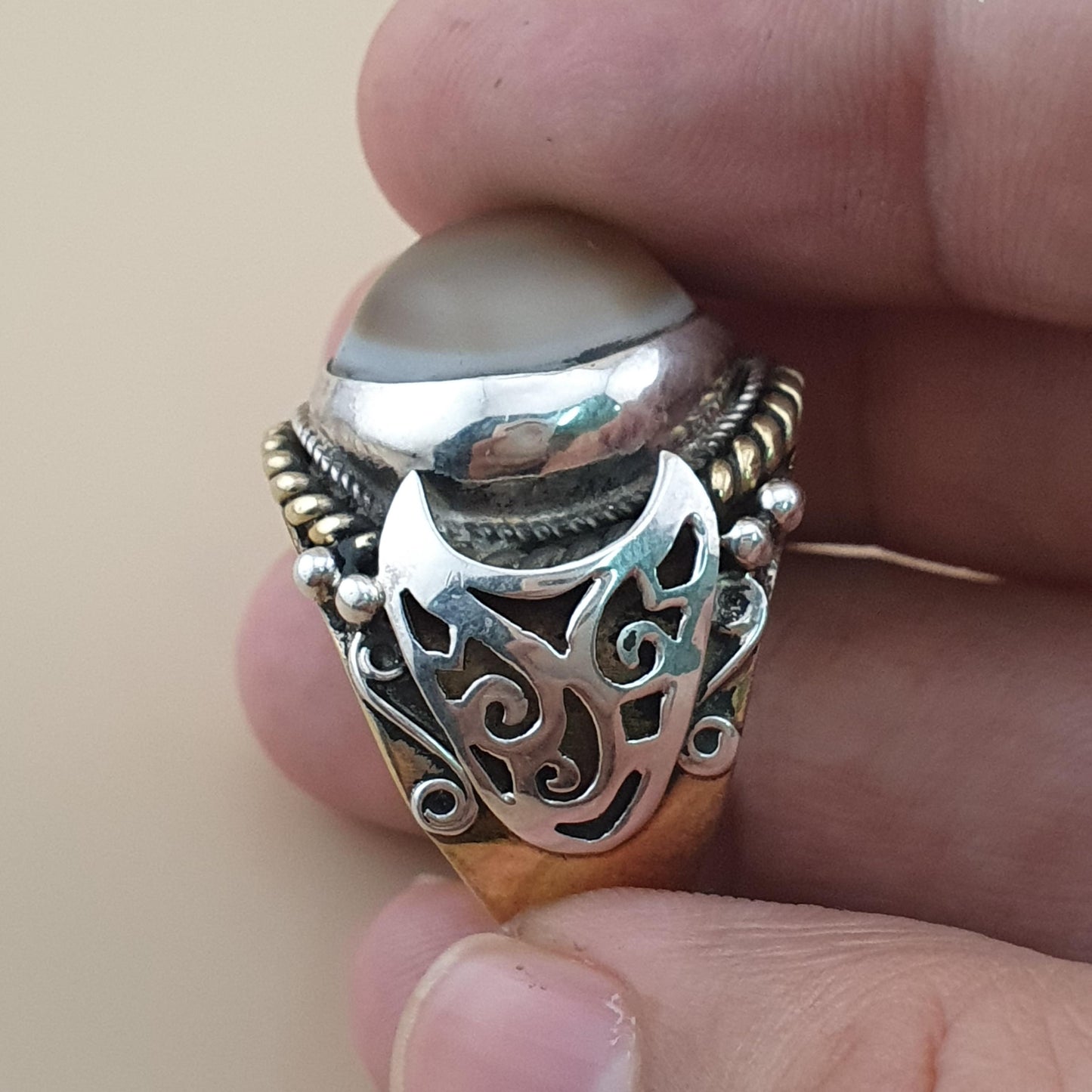 Antiker Sulemani Achatring Vintage Messing- & Silbereinlage Design