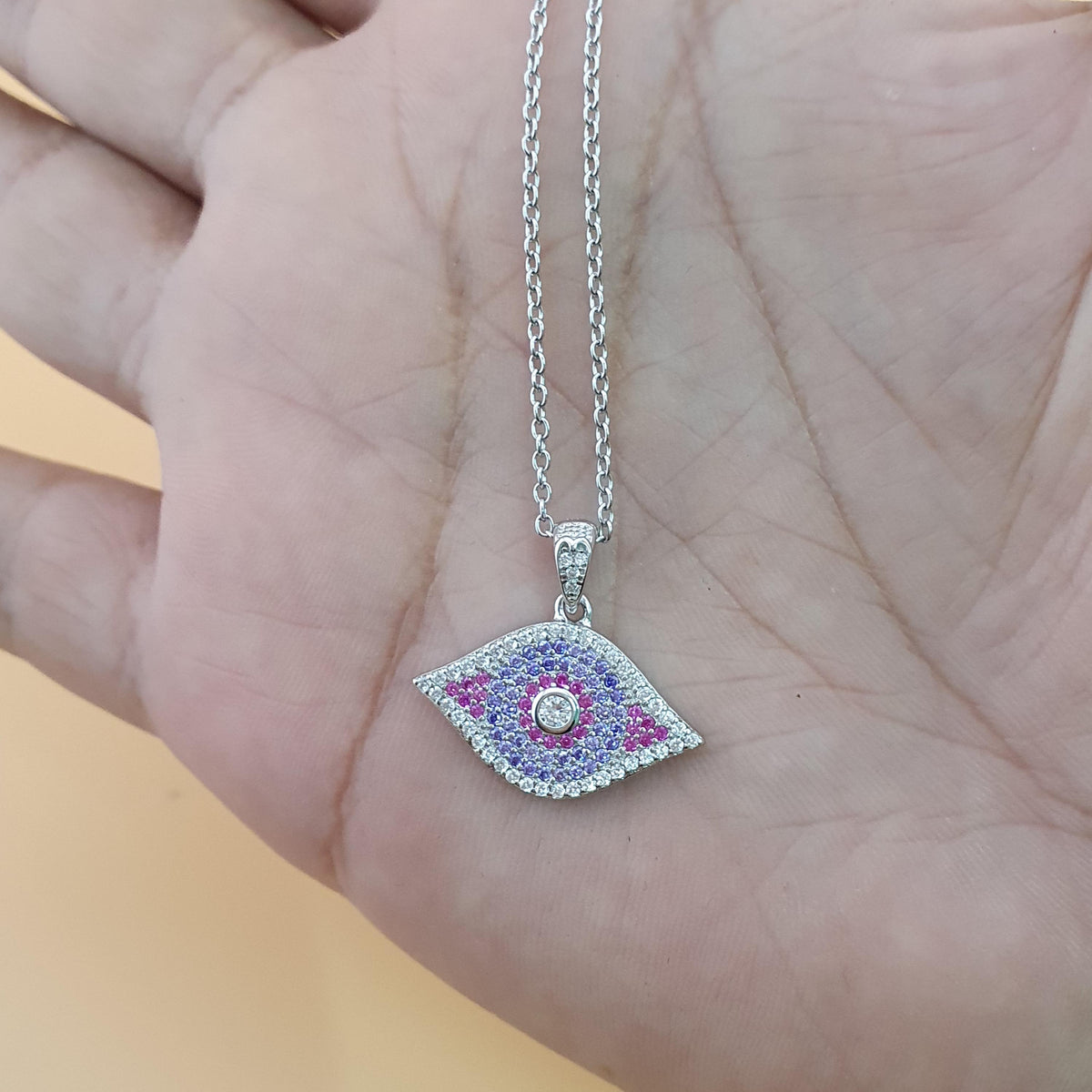 Sterling Silver Evil Eye Necklace: Purple & White CZ Charm