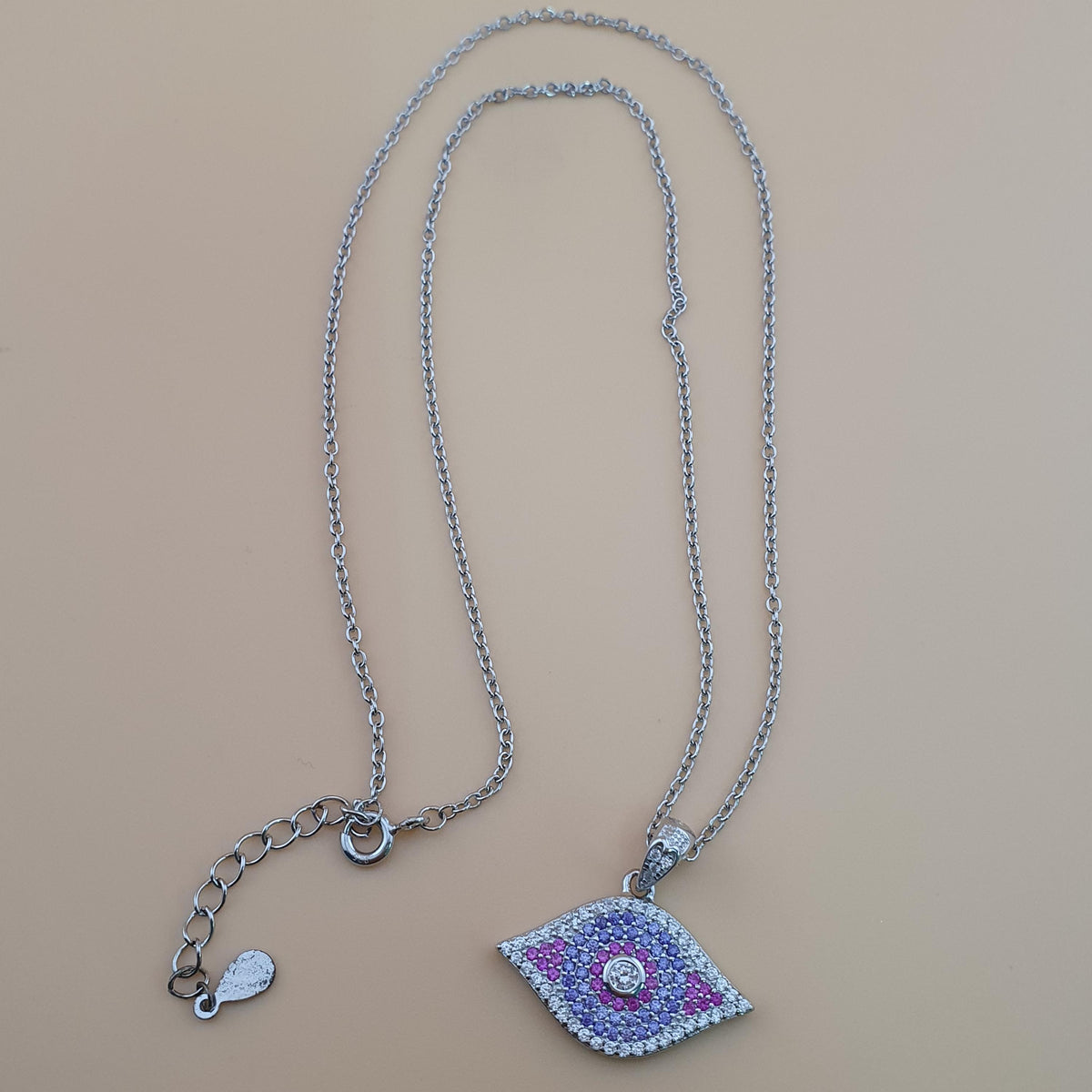 Sterling Silver Evil Eye Necklace: Purple & White CZ Charm