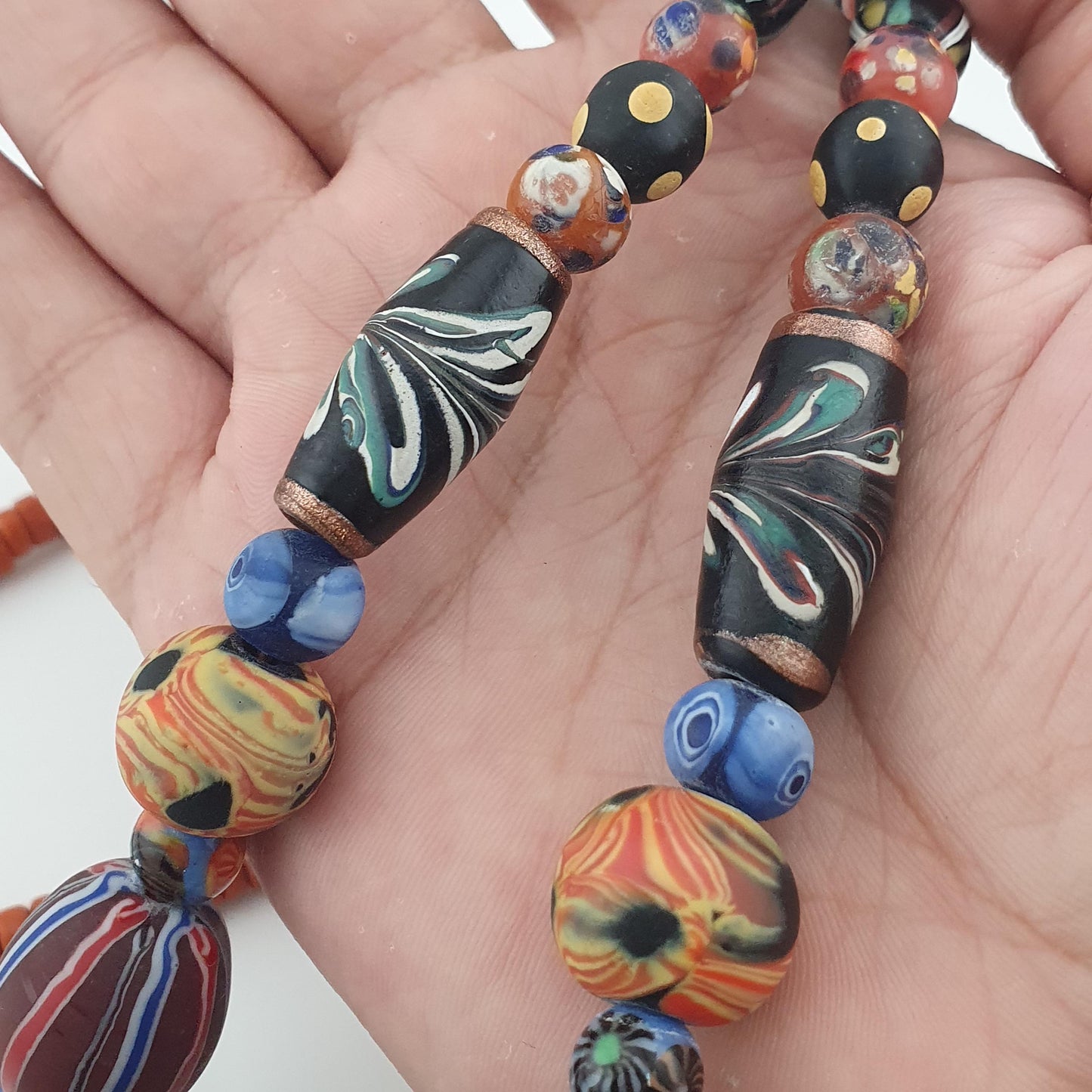 Antique Venetian Style Mix Gabri & Floral Glass Beads Necklace