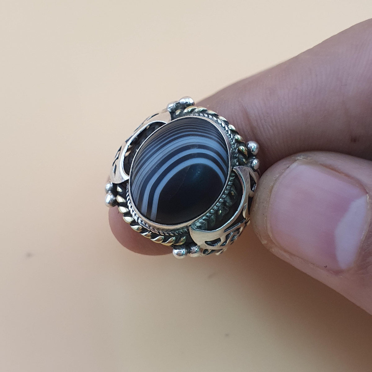 Vintage Messing- & Suliemani-Augen-Achatring mit Silbereinlage