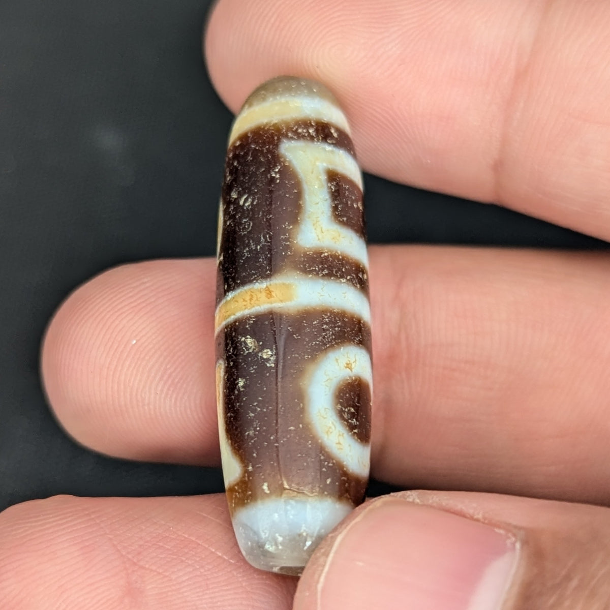 Amulette Dzi tibétaine vintage en agate, motif cercles et carrés