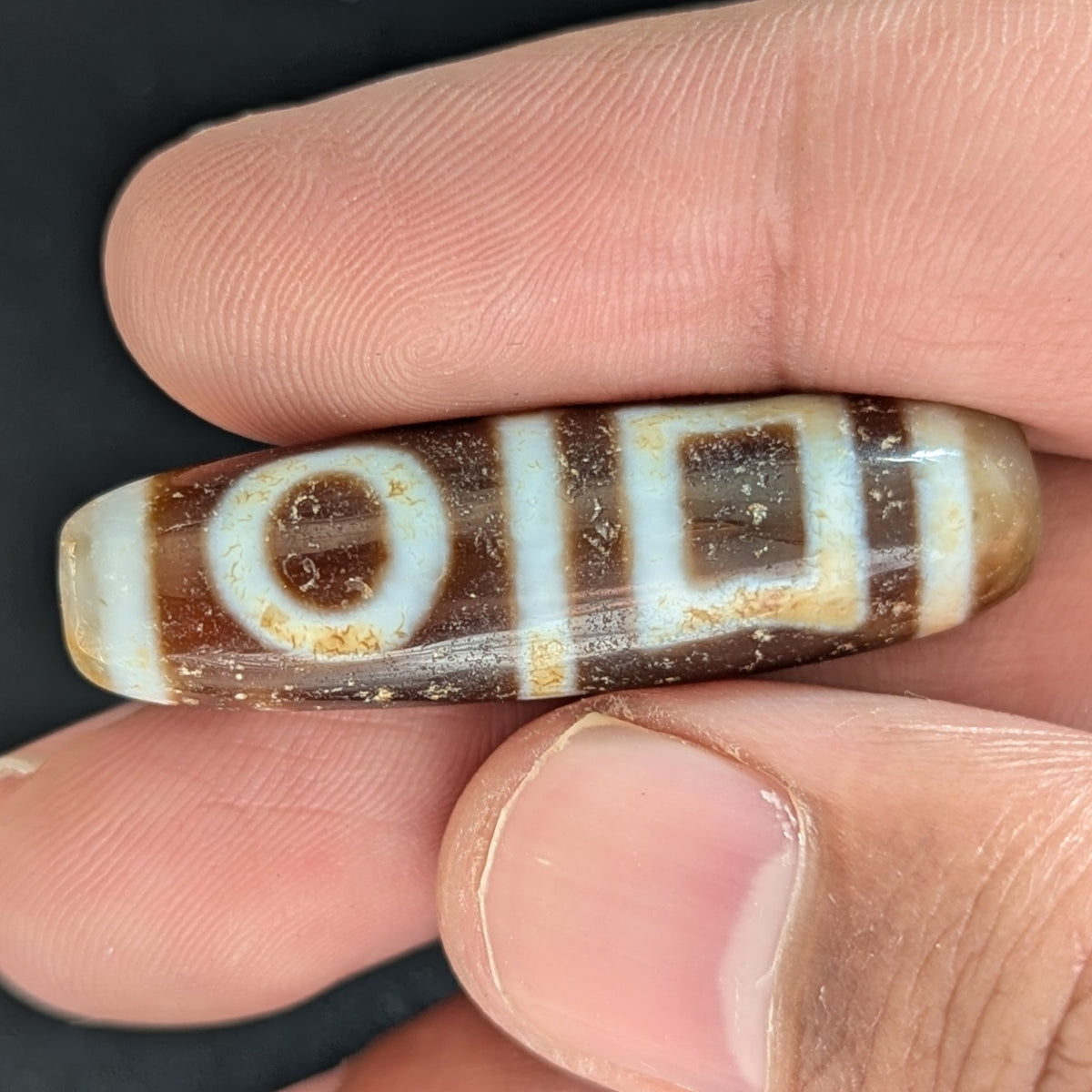 Amulette Dzi tibétaine vintage en agate, motif cercles et carrés