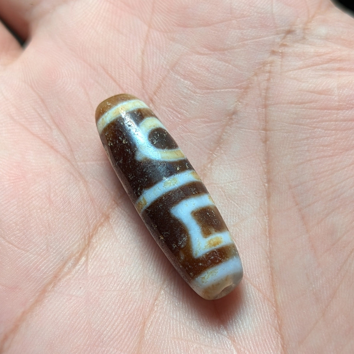 Amulette Dzi tibétaine vintage en agate, motif cercles et carrés
