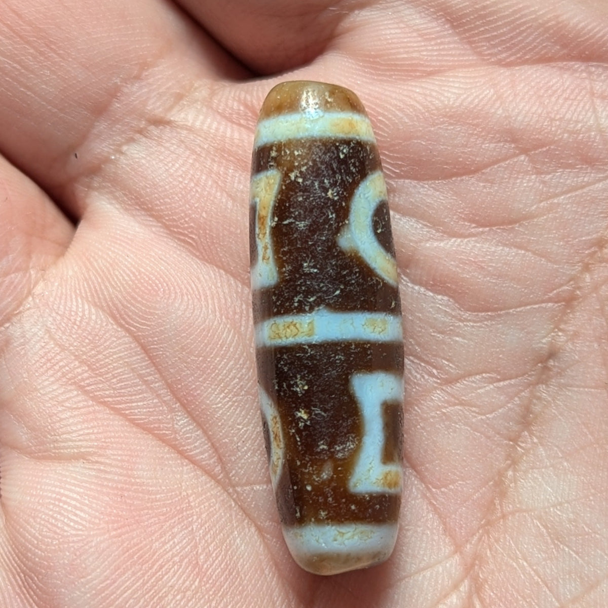 Amulette Dzi tibétaine vintage en agate, motif cercles et carrés