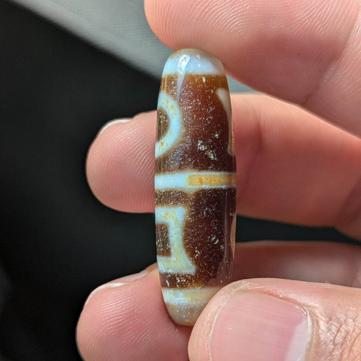 Amulette Dzi tibétaine vintage en agate, motif cercles et carrés
