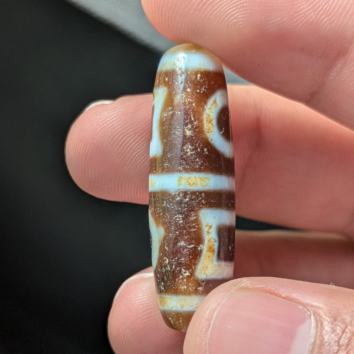 Amulette Dzi tibétaine vintage en agate, motif cercles et carrés
