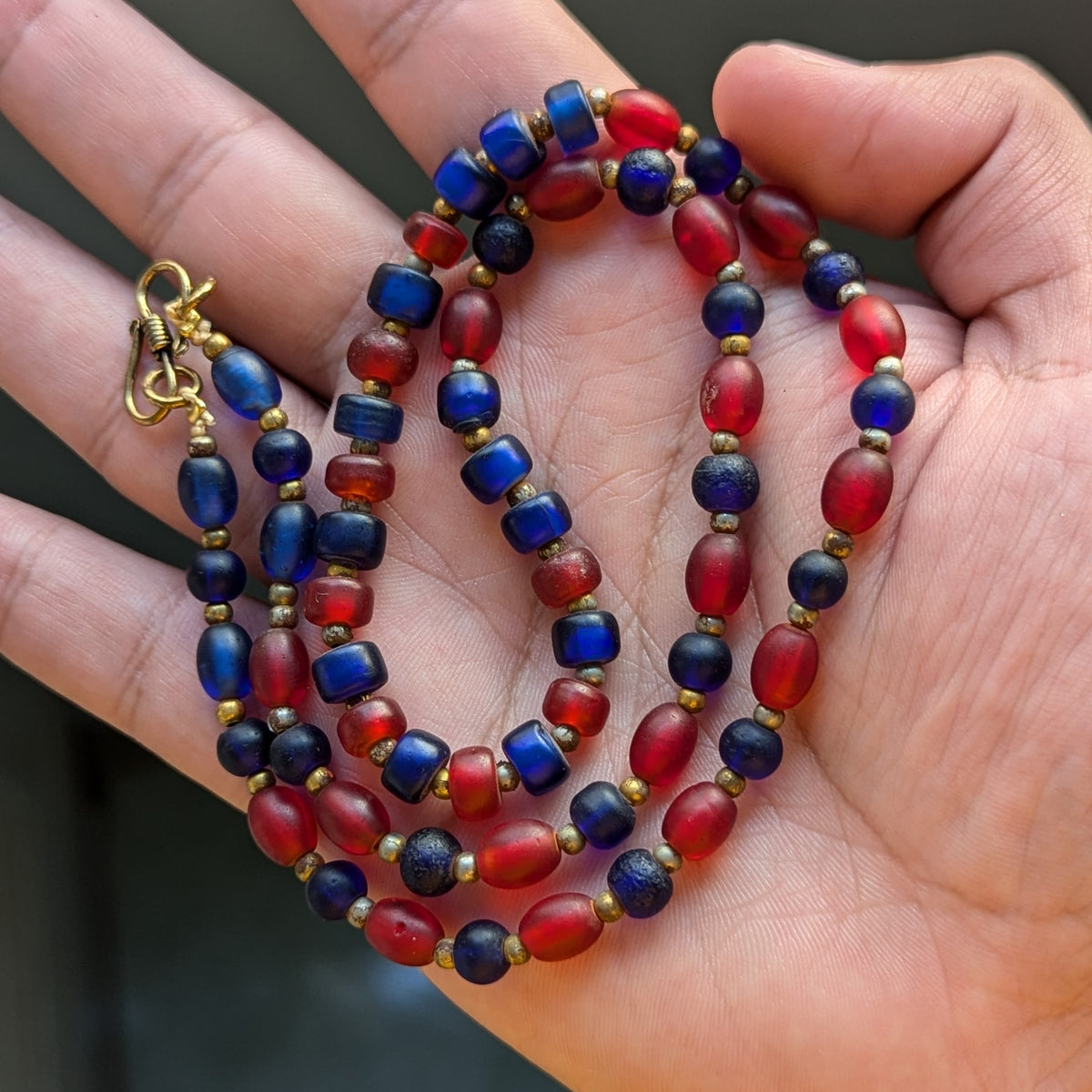 Vintage Blue & Red African Glass Beaded Necklace