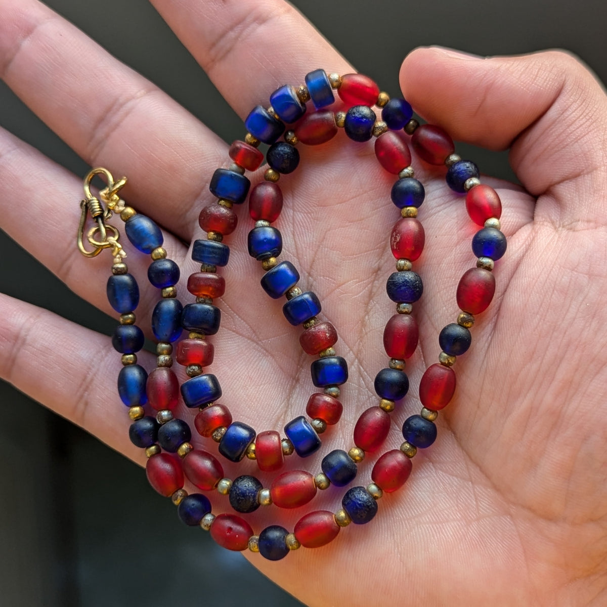 Vintage Blue & Red African Glass Beaded Necklace