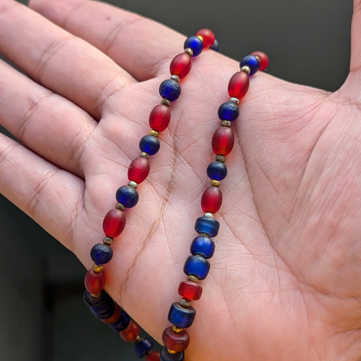 Vintage Blue & Red African Glass Beaded Necklace