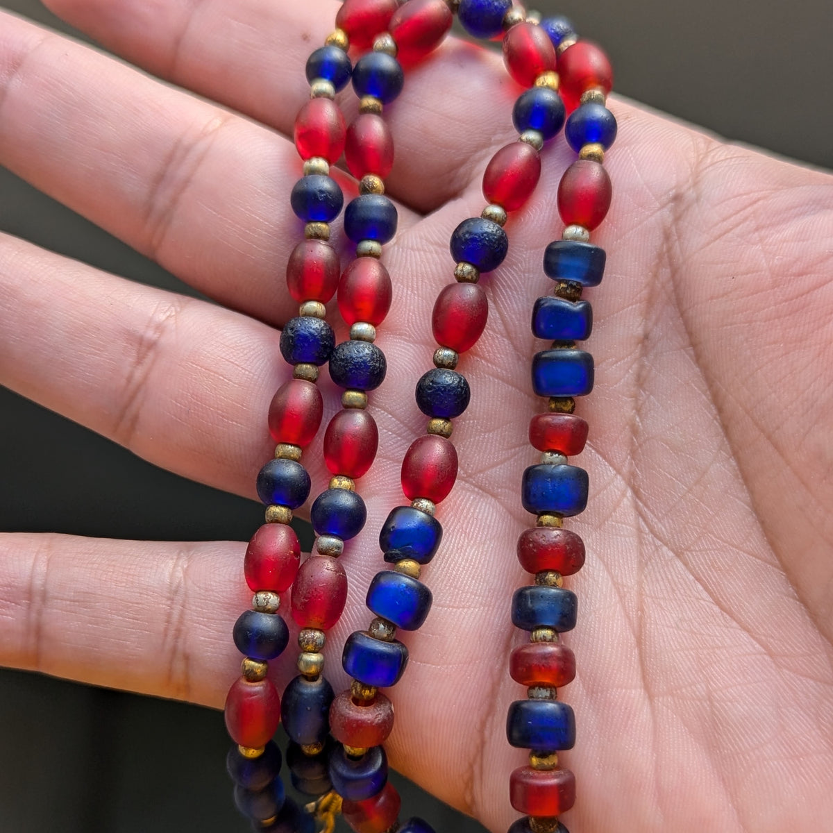 Vintage Blue & Red African Glass Beaded Necklace