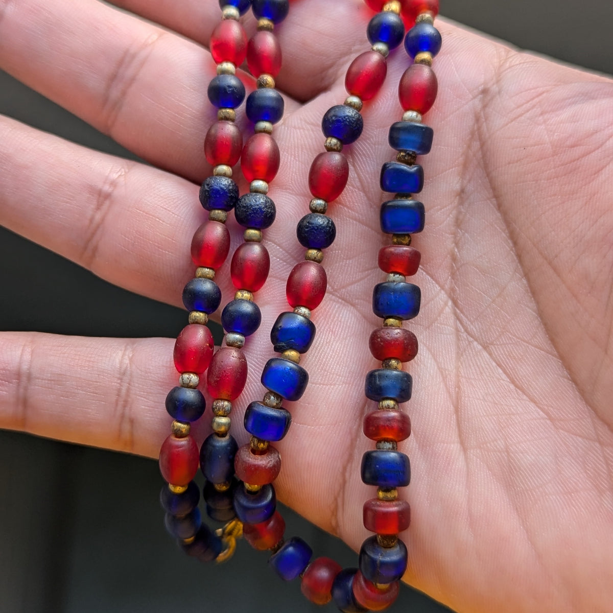 Vintage Blue & Red African Glass Beaded Necklace