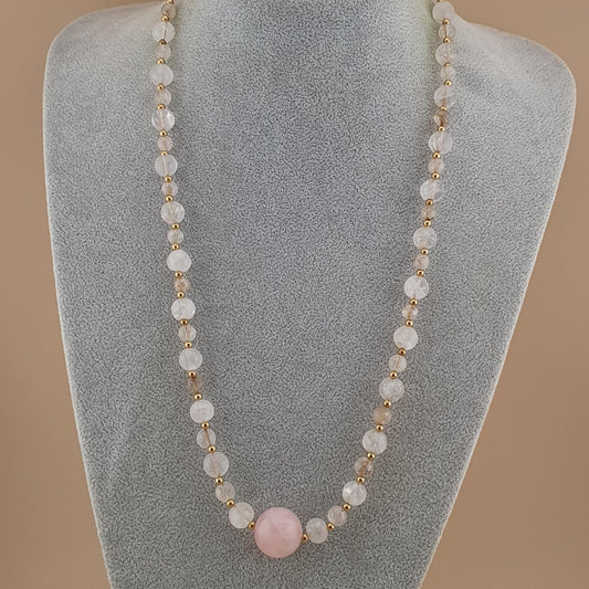 Vintage Himalayan Quartz with Rosary Big Quartz Pendant Beaded Necklace