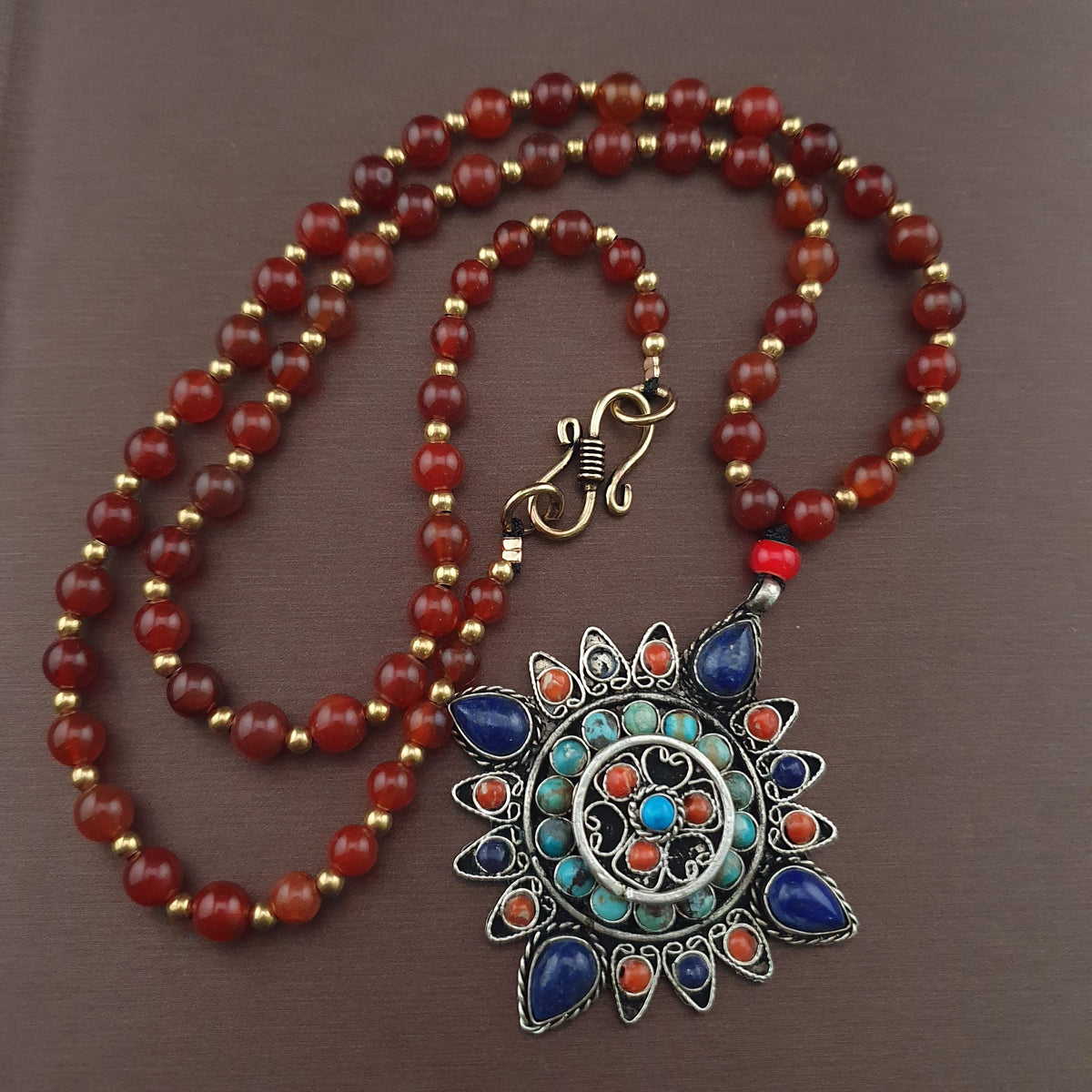 Antique Style Brass & Lapislazuli,Coral,Turqouise Pendant with Carnelian Beads Necklace
