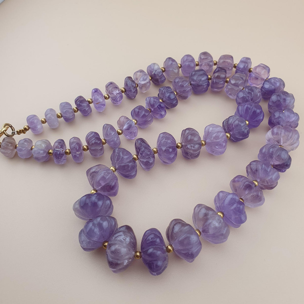 Vintage Amethyst Bead Necklace: Melon Shape Purple Gemstone, 22 Inch