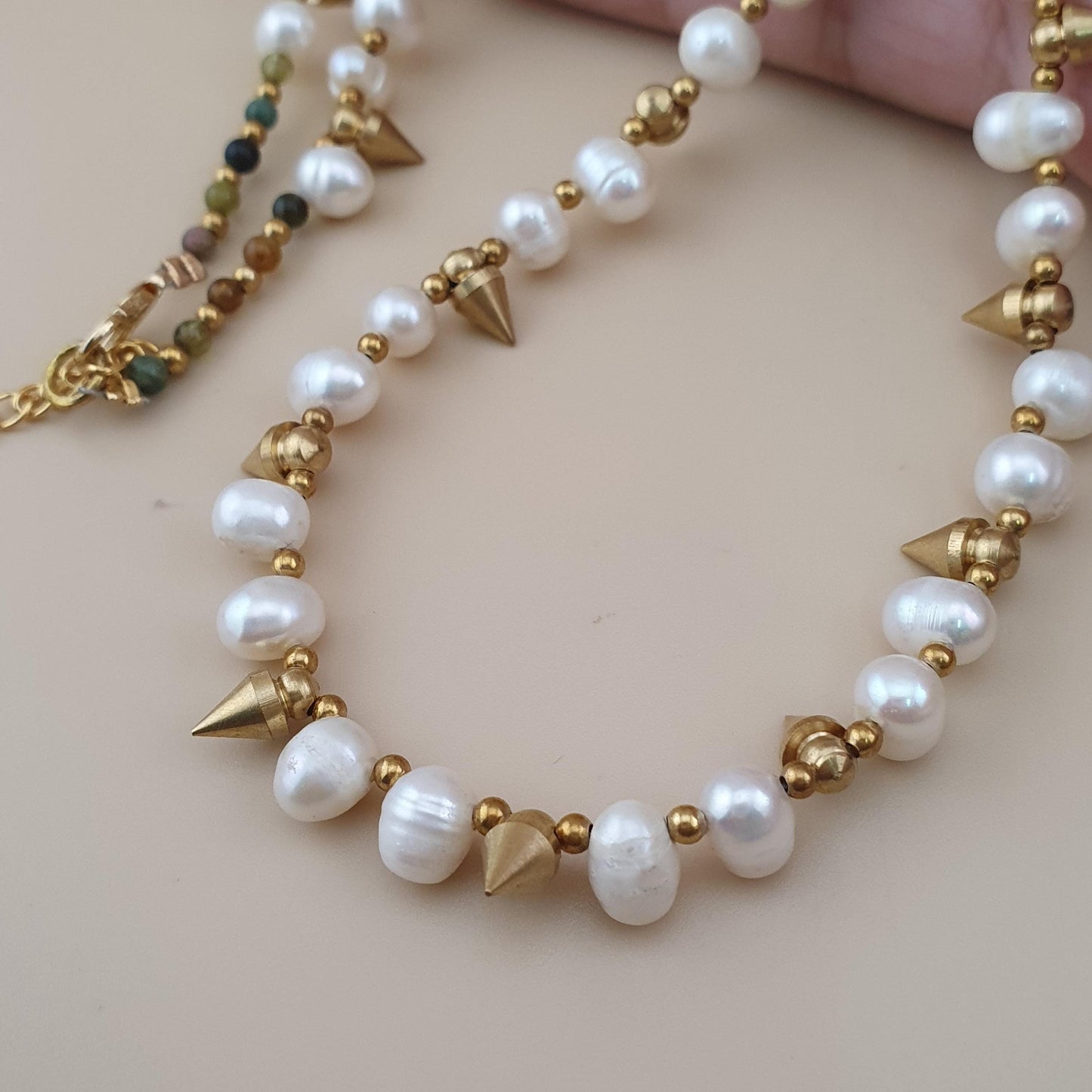 Classic Freshwater Pearl with Brass Beads Necklace