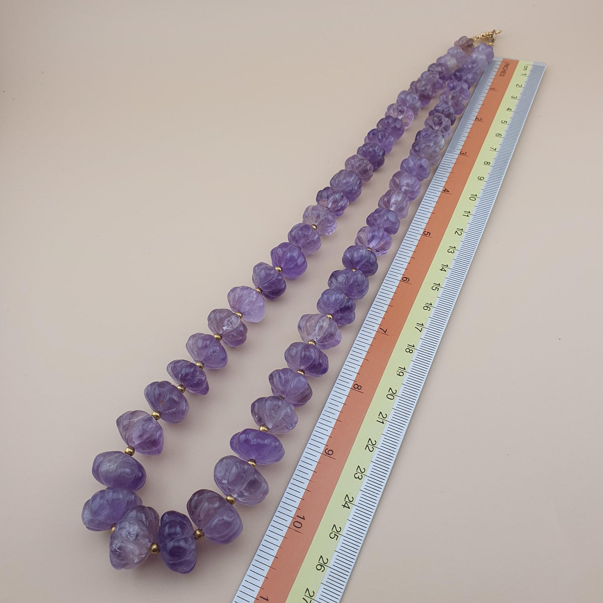 Vintage Amethyst Bead Necklace: Melon Shape Purple Gemstone, 22 Inch