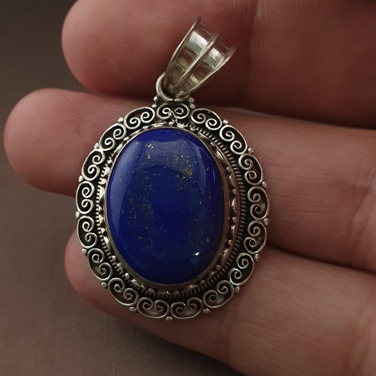 Handmade Lapis Lazuli Pendant, 925 Sterling Silver Filigree