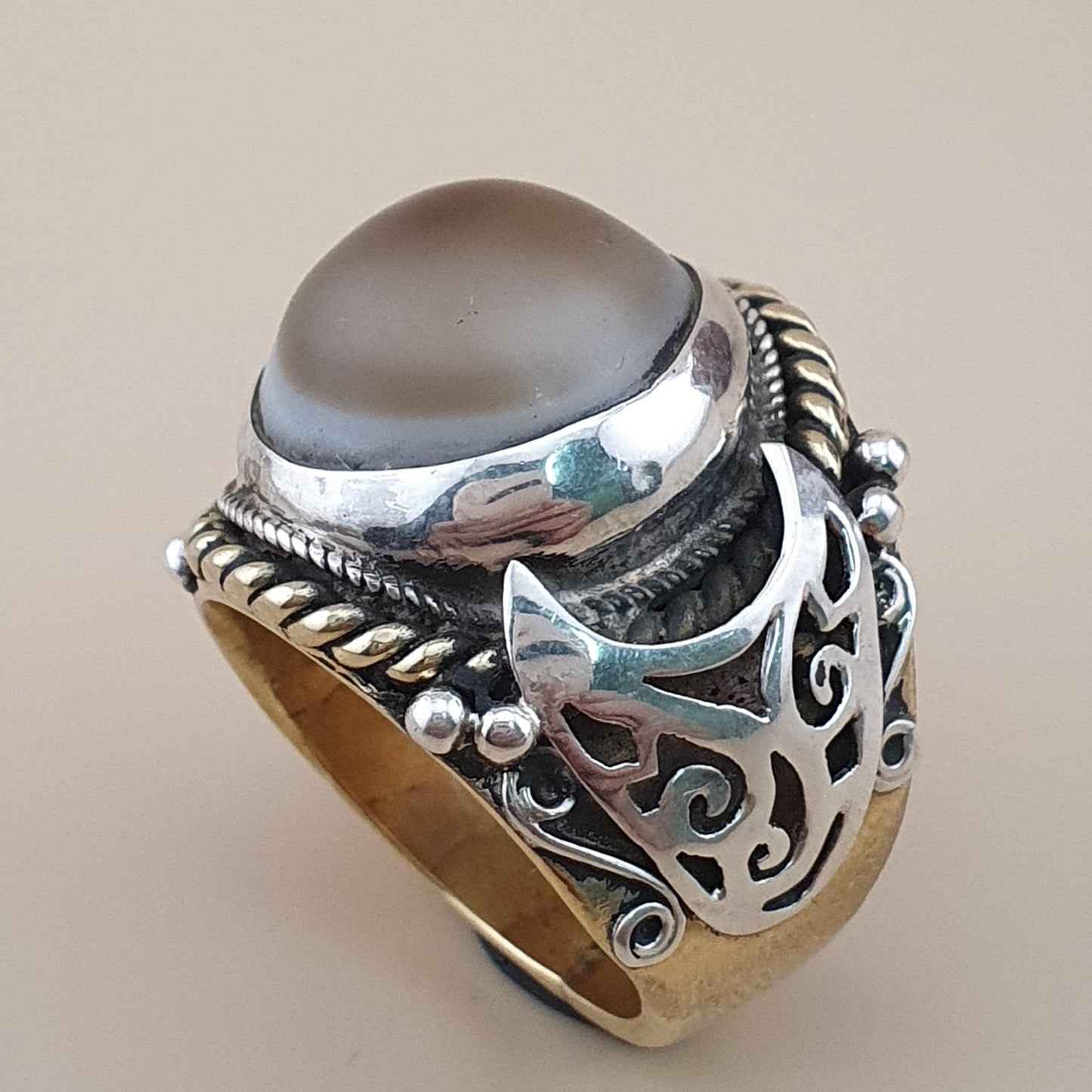 Antiker Sulemani Achatring Vintage Messing- & Silbereinlage Design