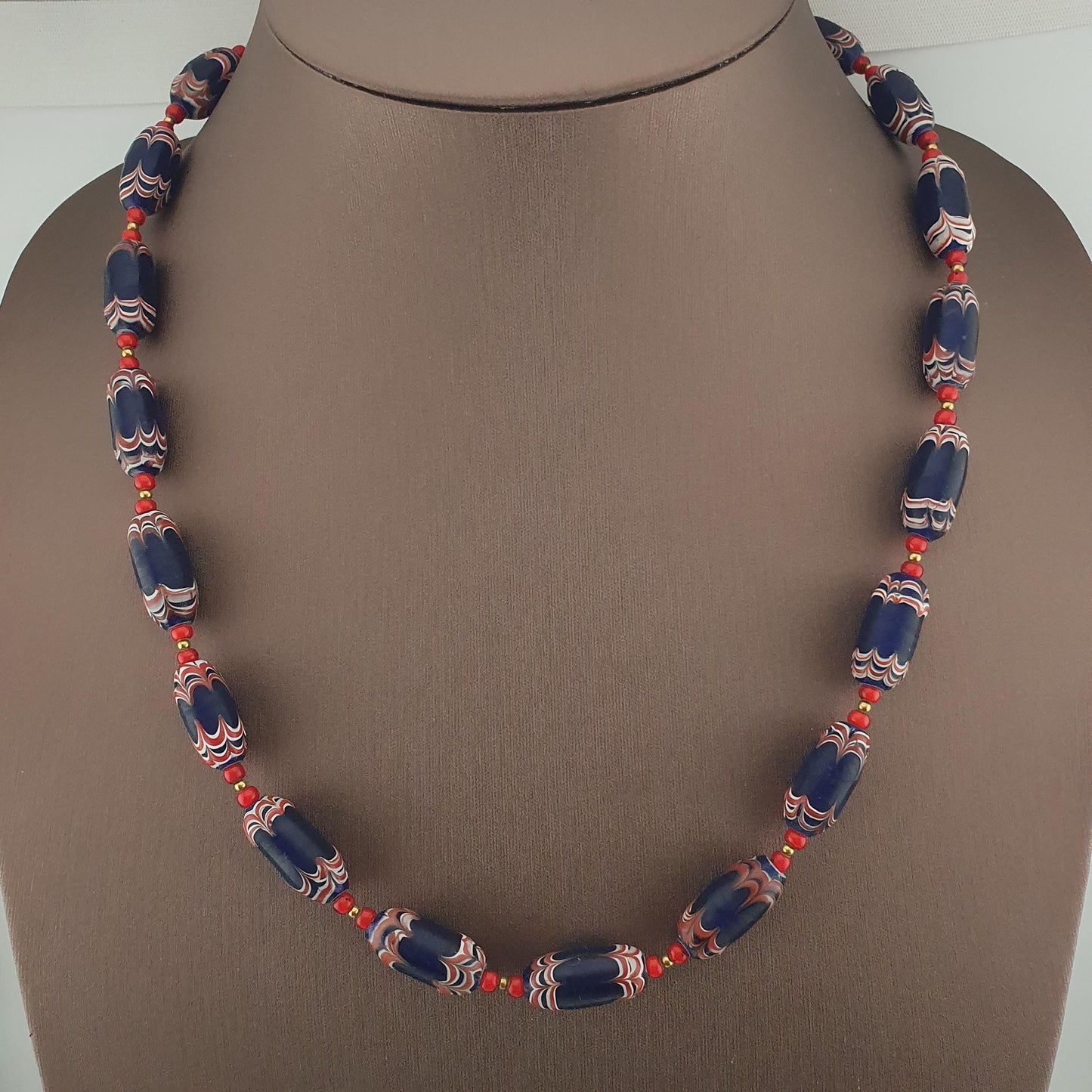 Antique Venetian Style Blue Feather Desgin & Venetian WhiteHeart Glass Beads Necklace