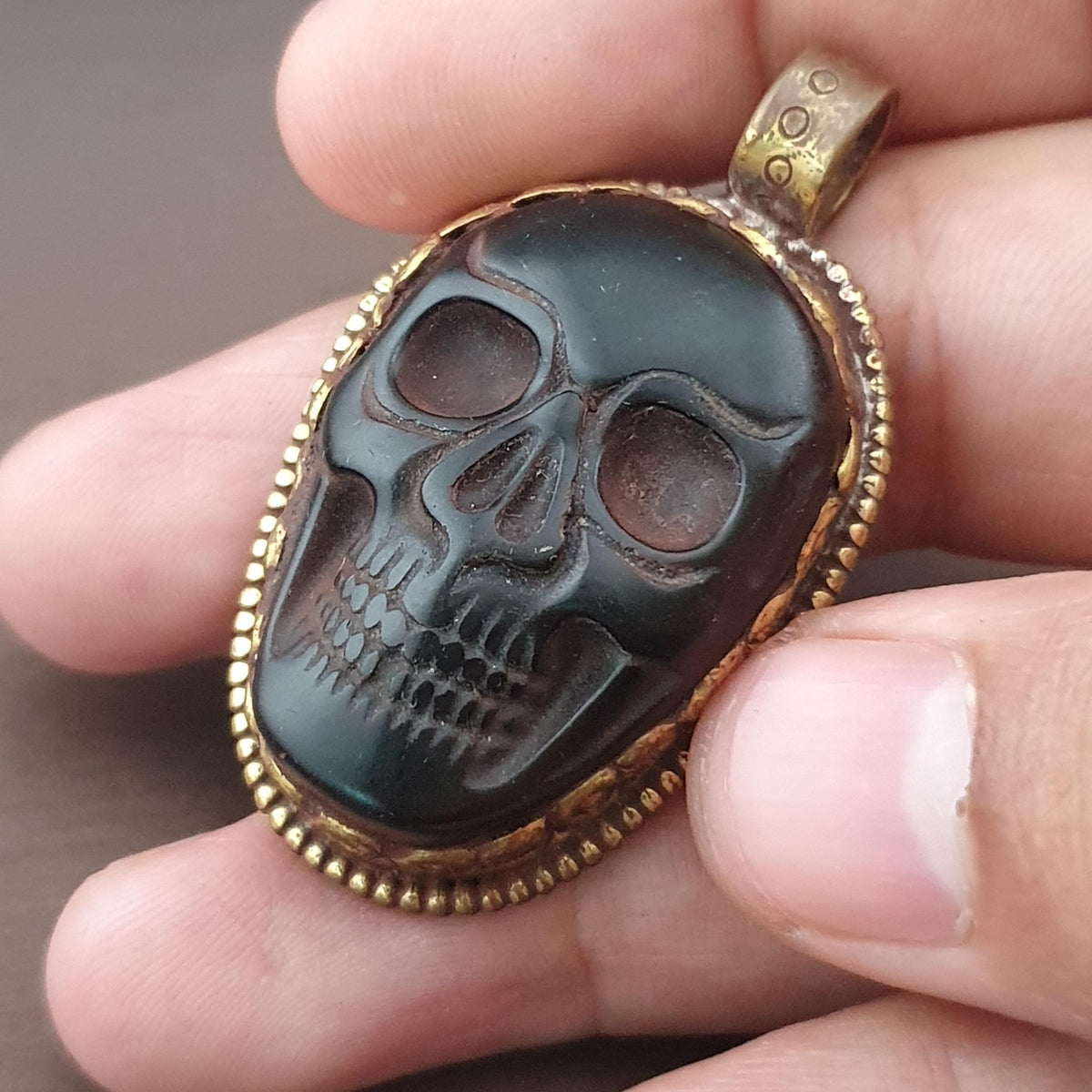 Vintage Gold Plated brass Floral Desgin &carved Skull shape Jade Pendant