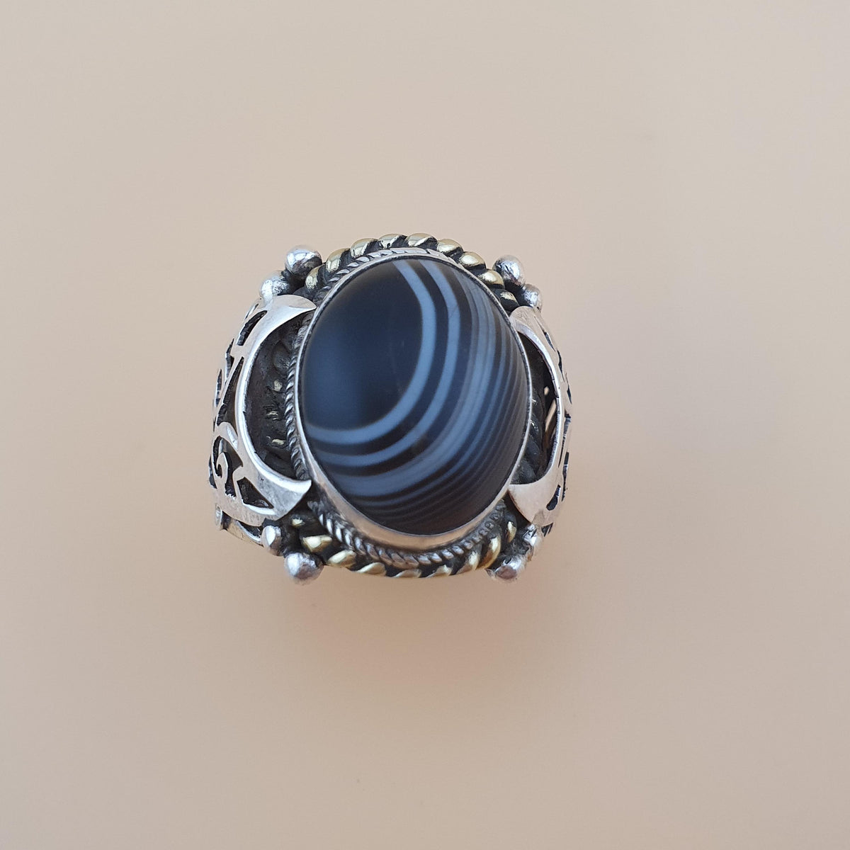 Vintage Messing- & Suliemani-Augen-Achatring mit Silbereinlage