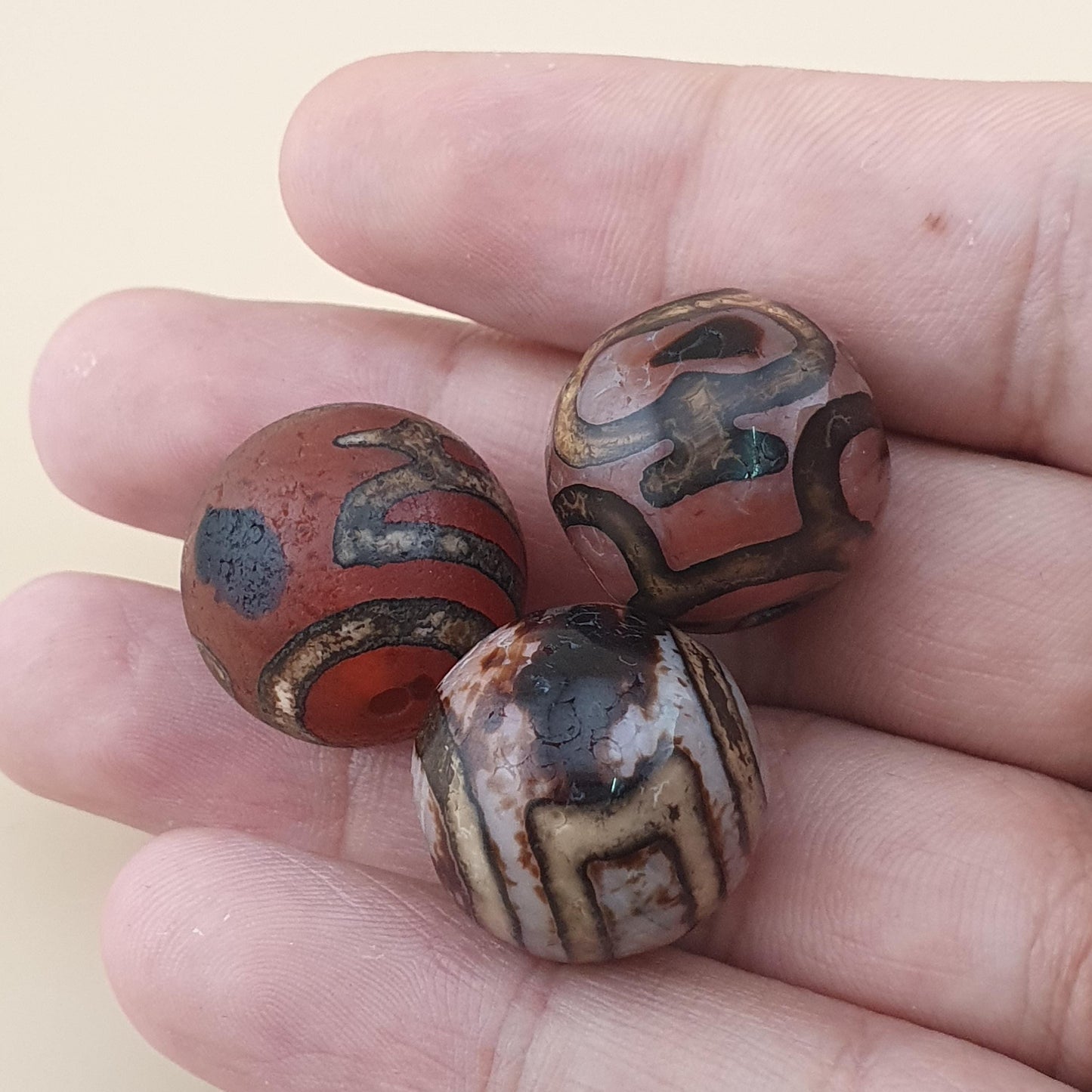 Vintage Etched Carnelian Agate Lot of 3 Beads