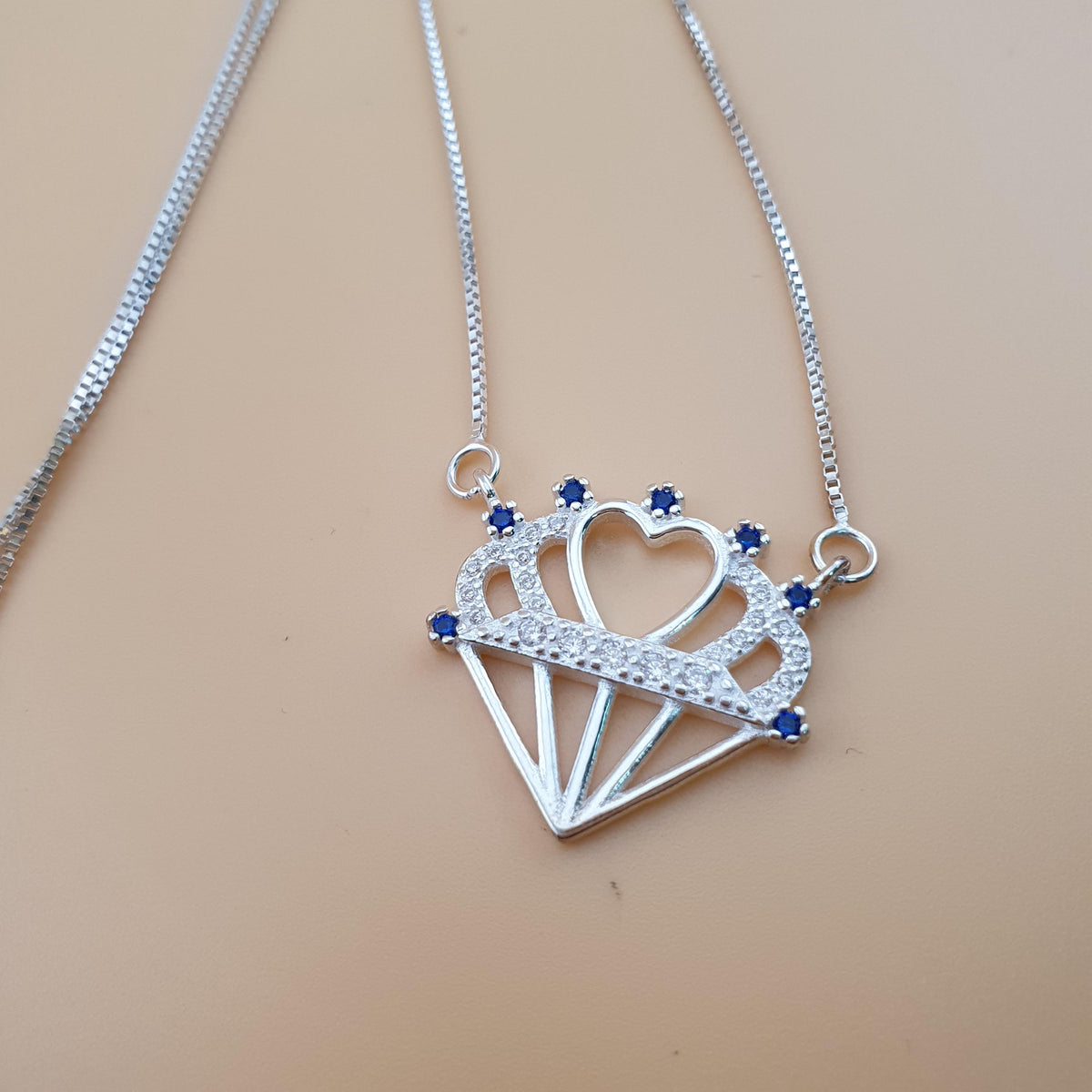 Sterling Silver Heart Crown Necklace with Blue & White CZ